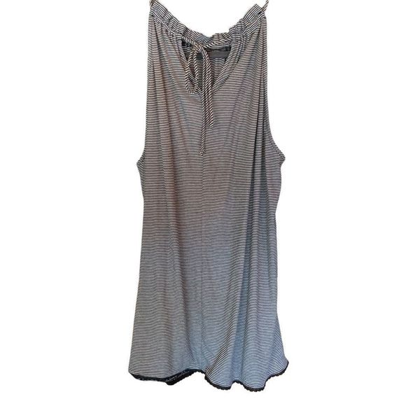 Pleione Tops - Women’s Pleione Sleeveless Blouse Black and White Striped Black Lace Hem trim Si